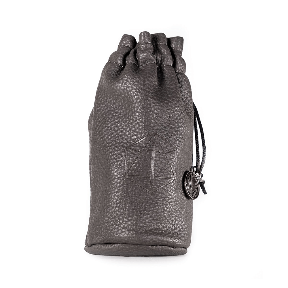 Dark grey pebbled leather drawstring pouch with an embossed geometric symbol and a small charm