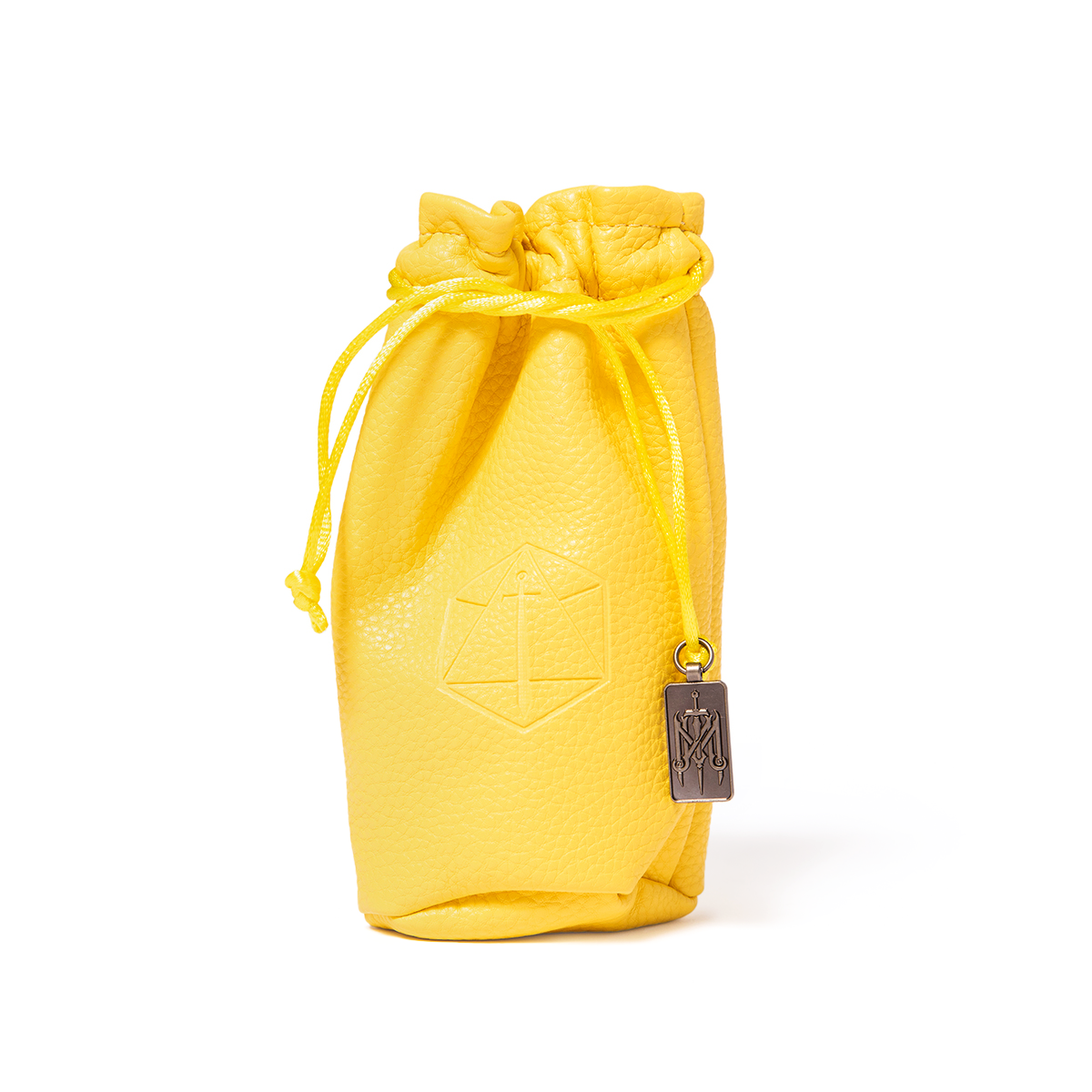 Bright yellow pebbled leather drawstring dice bag with a drawstring, embossed geometric symbol, and metal sword charm