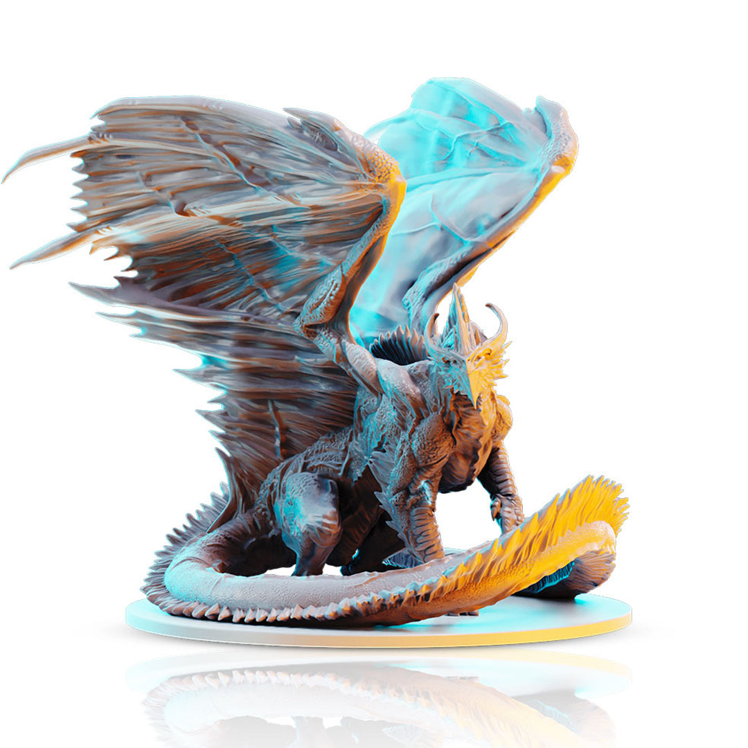 A powerful dragon miniature stands with large, spread wings, detailed texture, and glowing blue and orange highlights