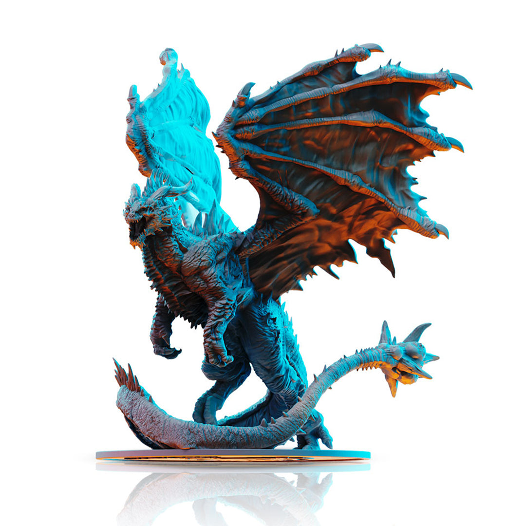 Detailed dragon miniature with large spread wings and coiled tail, lit by contrasting blue and orange light