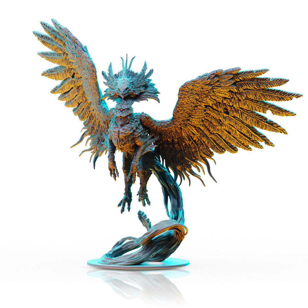 Crested winged fantasy creature figurine with spread wings, highlighted in gold and blue light, standing on a sculpted base