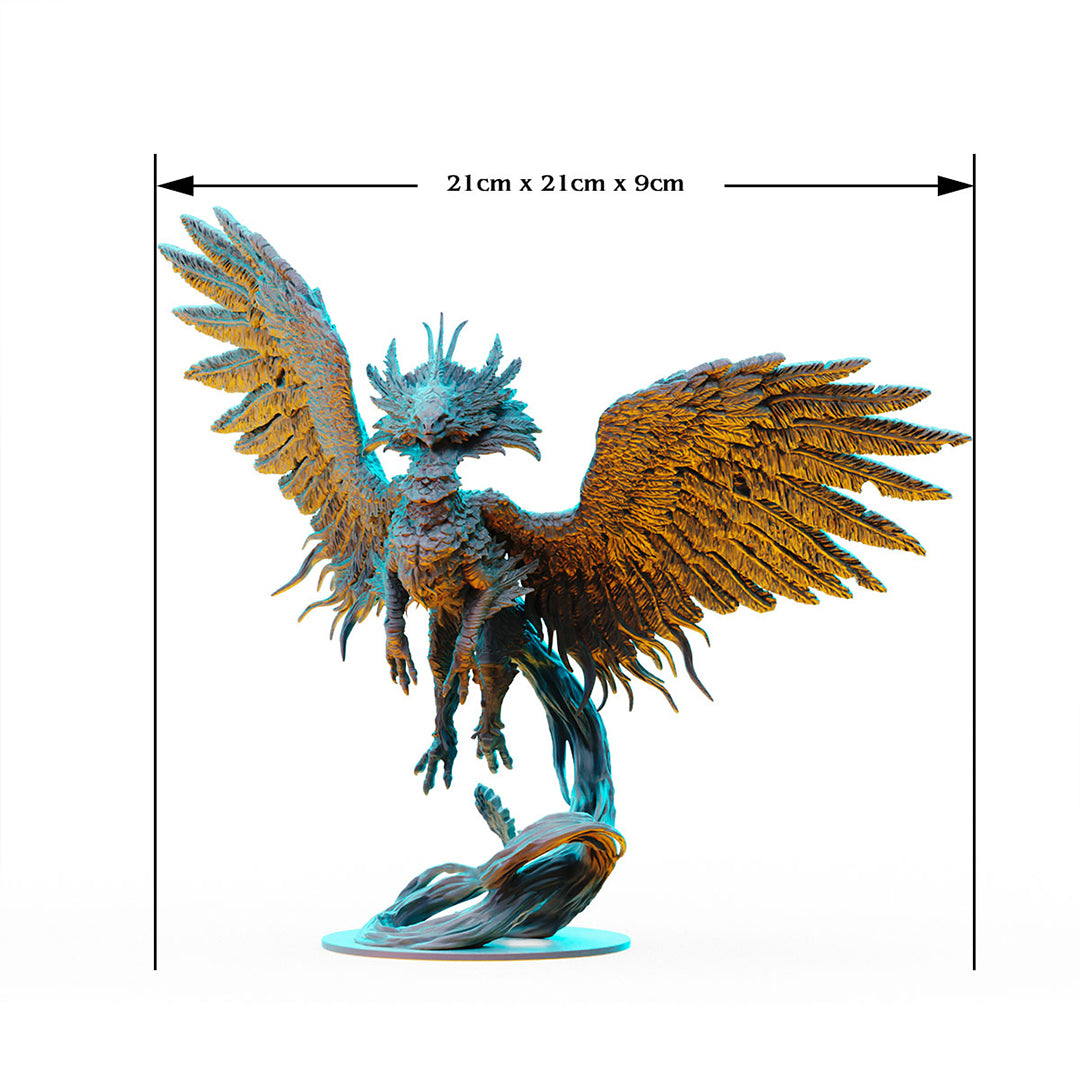 Detailed fantastical bird statue with wide-spread wings and spiky crest. Dimensions: 21x21x9cm