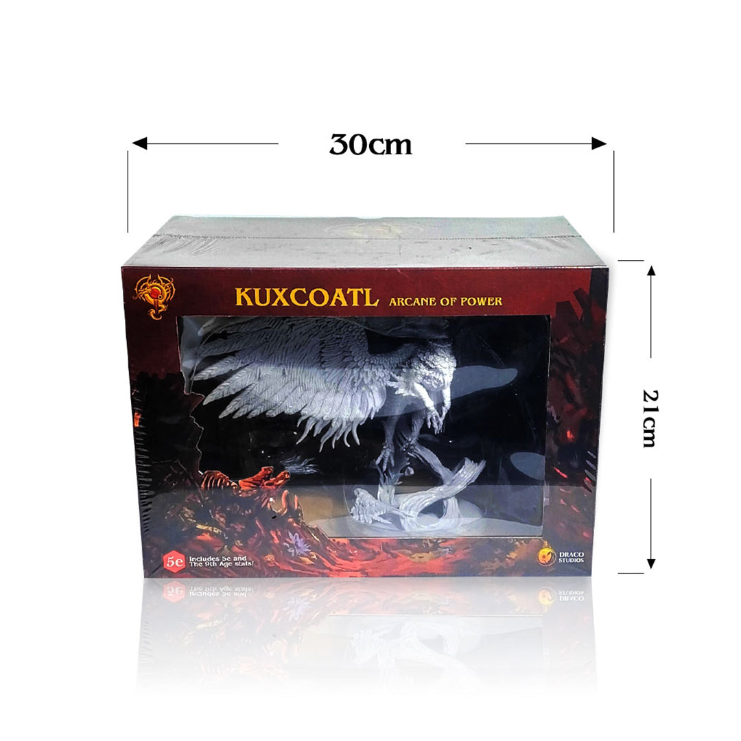 KUXCOATL Arcane of Power boxed miniature, a white winged griffin-like creature. Measures 30cm wide, 21cm high