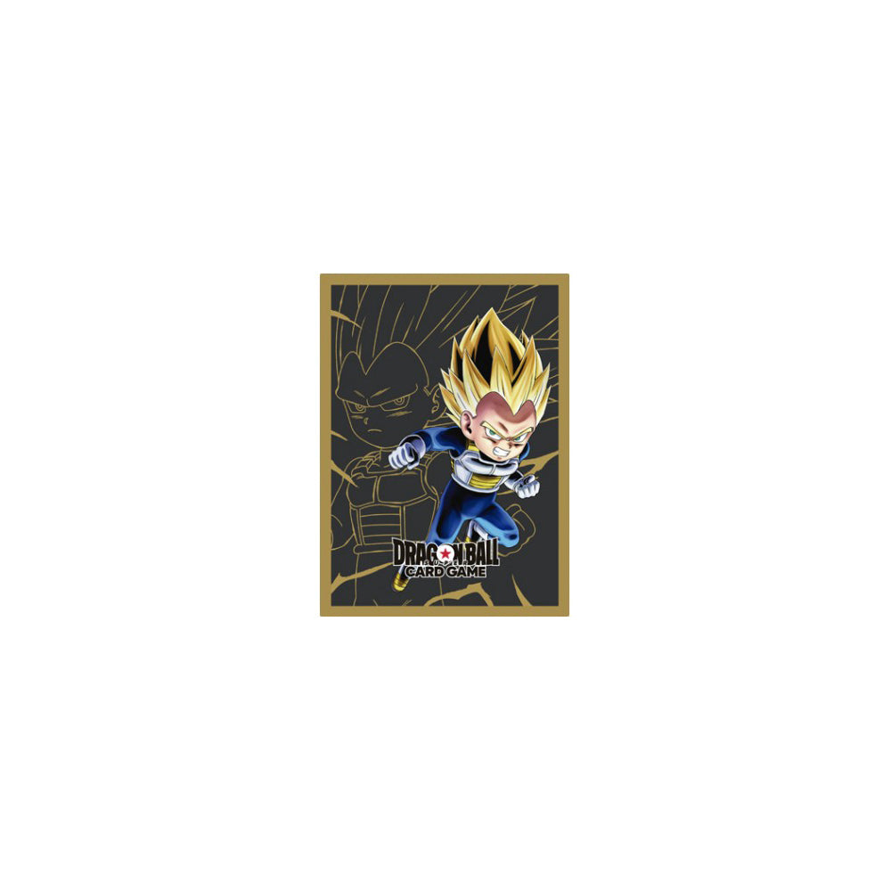 Dragon Ball Card Game sleeve featuring chibi Super Saiyan Vegeta in action, with a gold outline of adult Vegeta on a black background