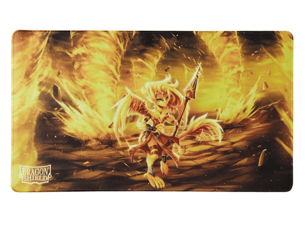 Golden winged humanoid warrior with a spear in a swirling fiery landscape on a Dragon Shield playmat