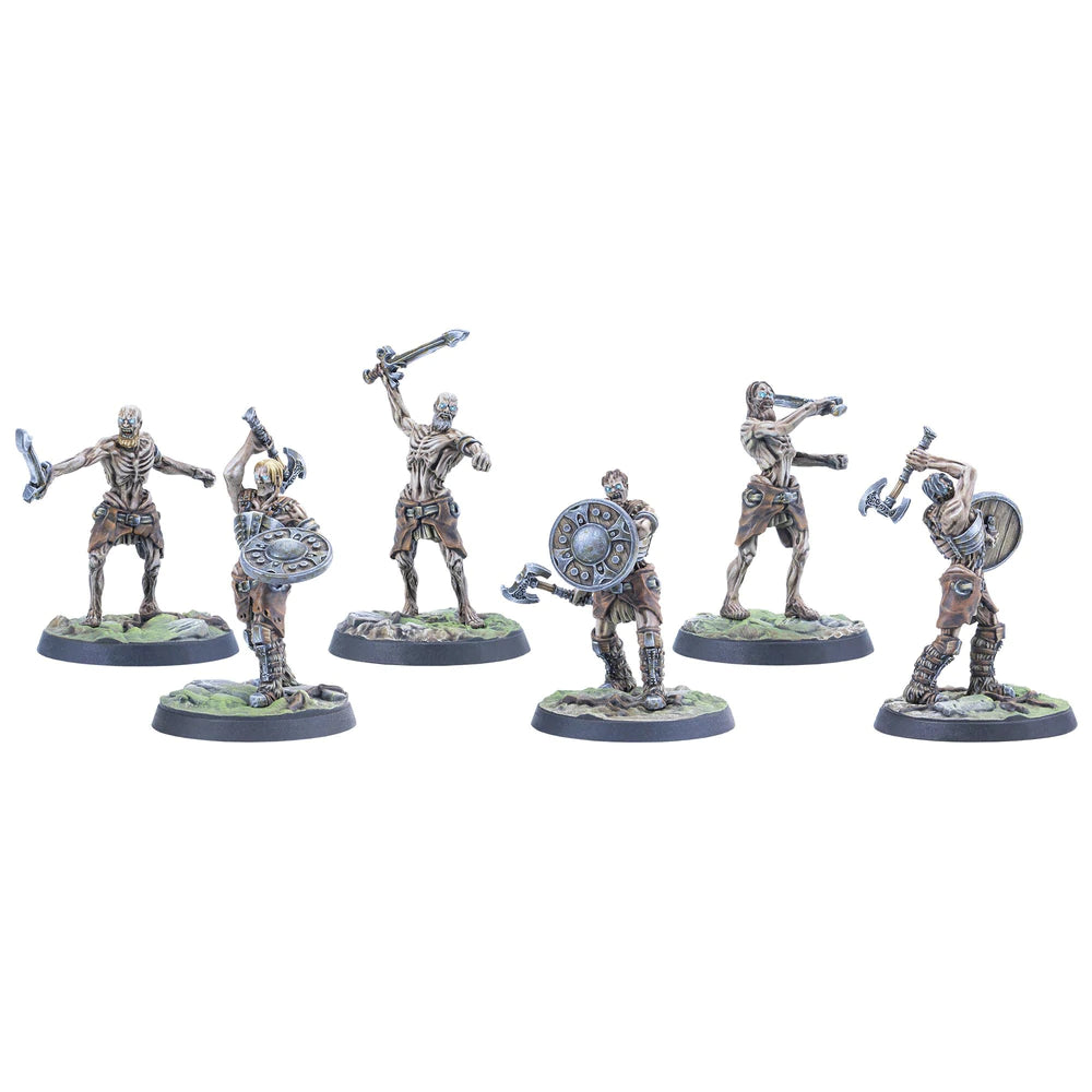 Six skeletal warrior miniatures in dynamic combat poses, wielding swords, axes, and shields