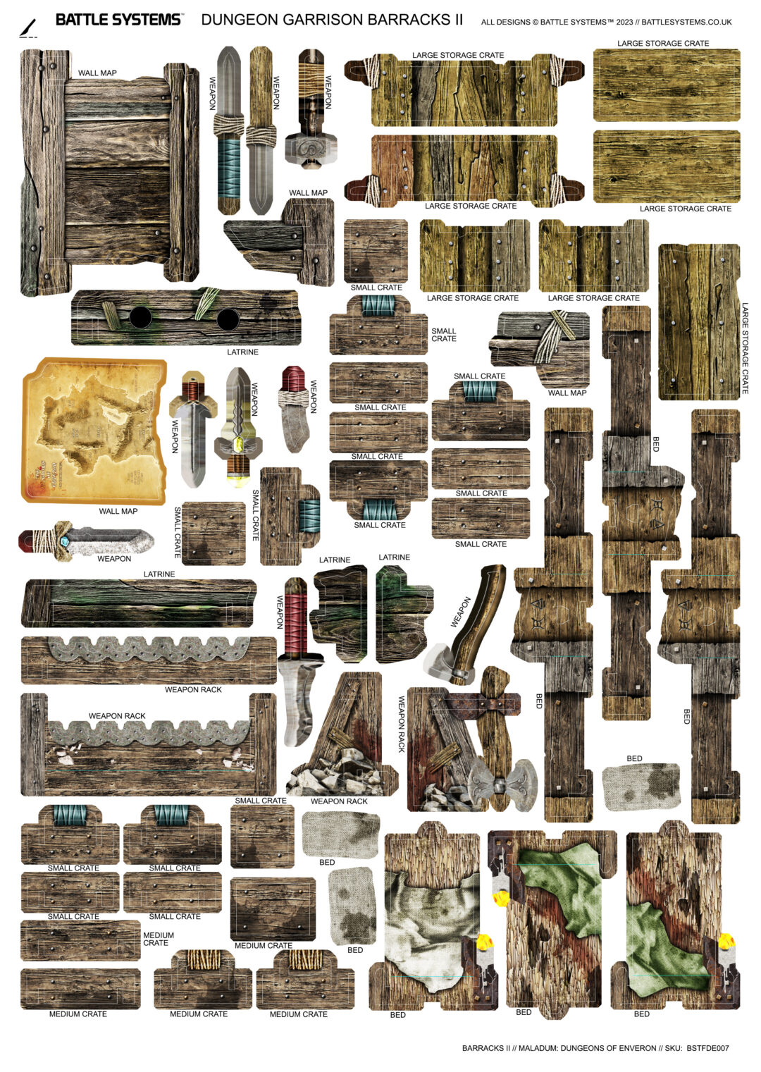 A craft sheet with various wooden-textured cut-out pieces for tabletop dungeon terrain, including walls, crates, beds, and weapons.