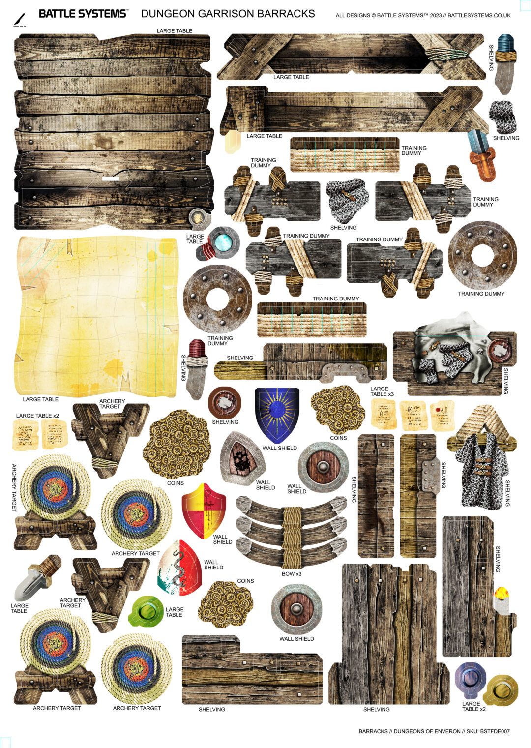 Battle Systems' Dungeon Garrison Barracks game pieces: wooden tables, training dummies, shields, and archery targets.