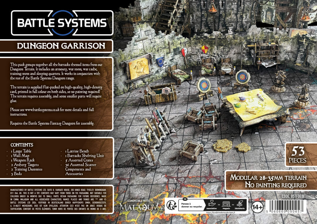 Modular Battle Systems Dungeon Garrison terrain set with fantasy walls, beds, weapons, a map, and crates on a grid mat.