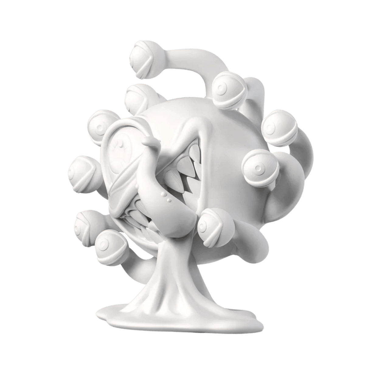 A spherical white monster with a gaping, fanged mouth, tongue-like eye, and multiple eyestalks, on an oozing base