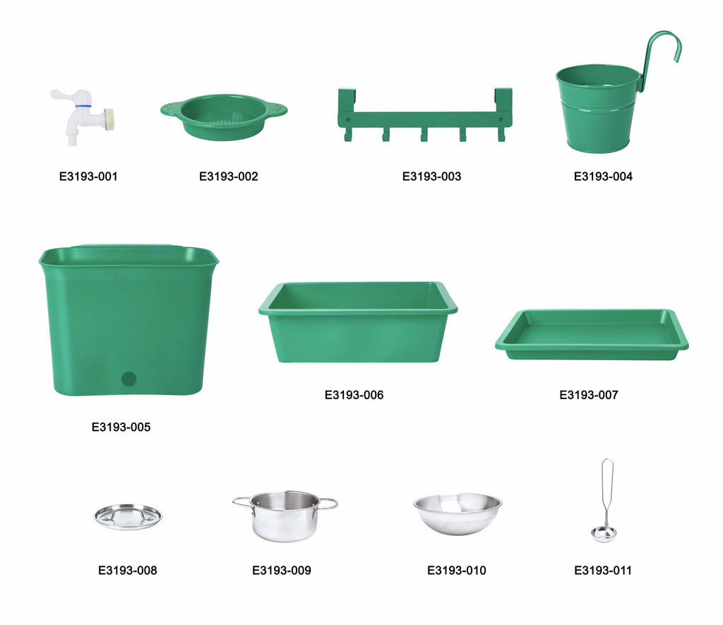 Eleven utility components including green plastic bins, trays, a faucet, and stainless steel pots and utensils