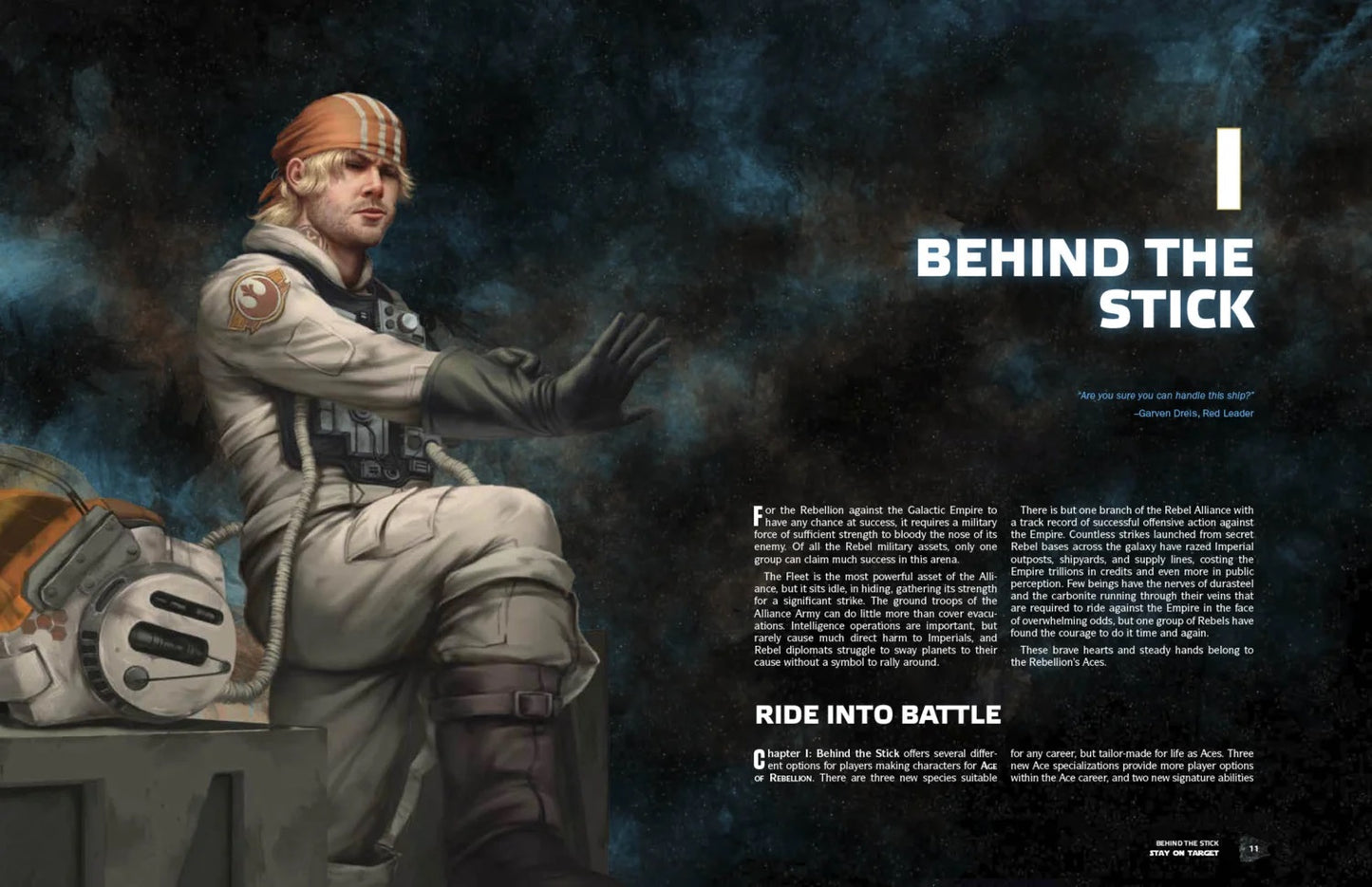 A blonde Rebel pilot in a white flight suit and orange bandana, raising a hand. A pilot helmet rests nearby