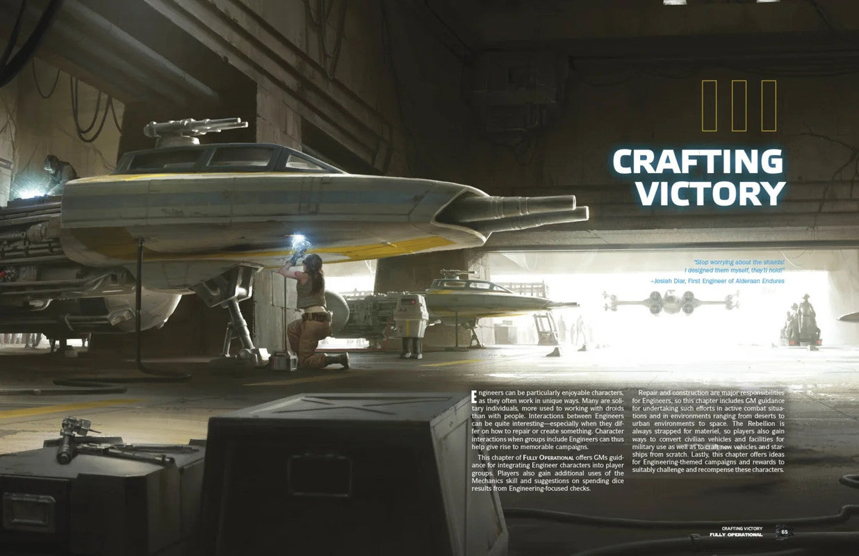 A large U-wing spaceship being welded by crew in a hangar, with sparks flying. Other ships visible. Text: Crafting Victory