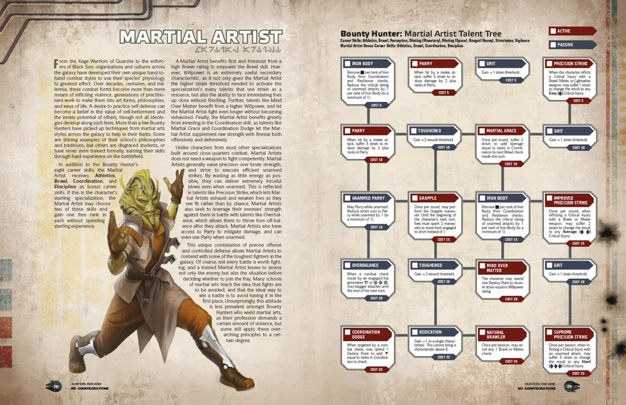 A Star Wars RPG page with a green alien martial artist in a dynamic pose and a talent tree