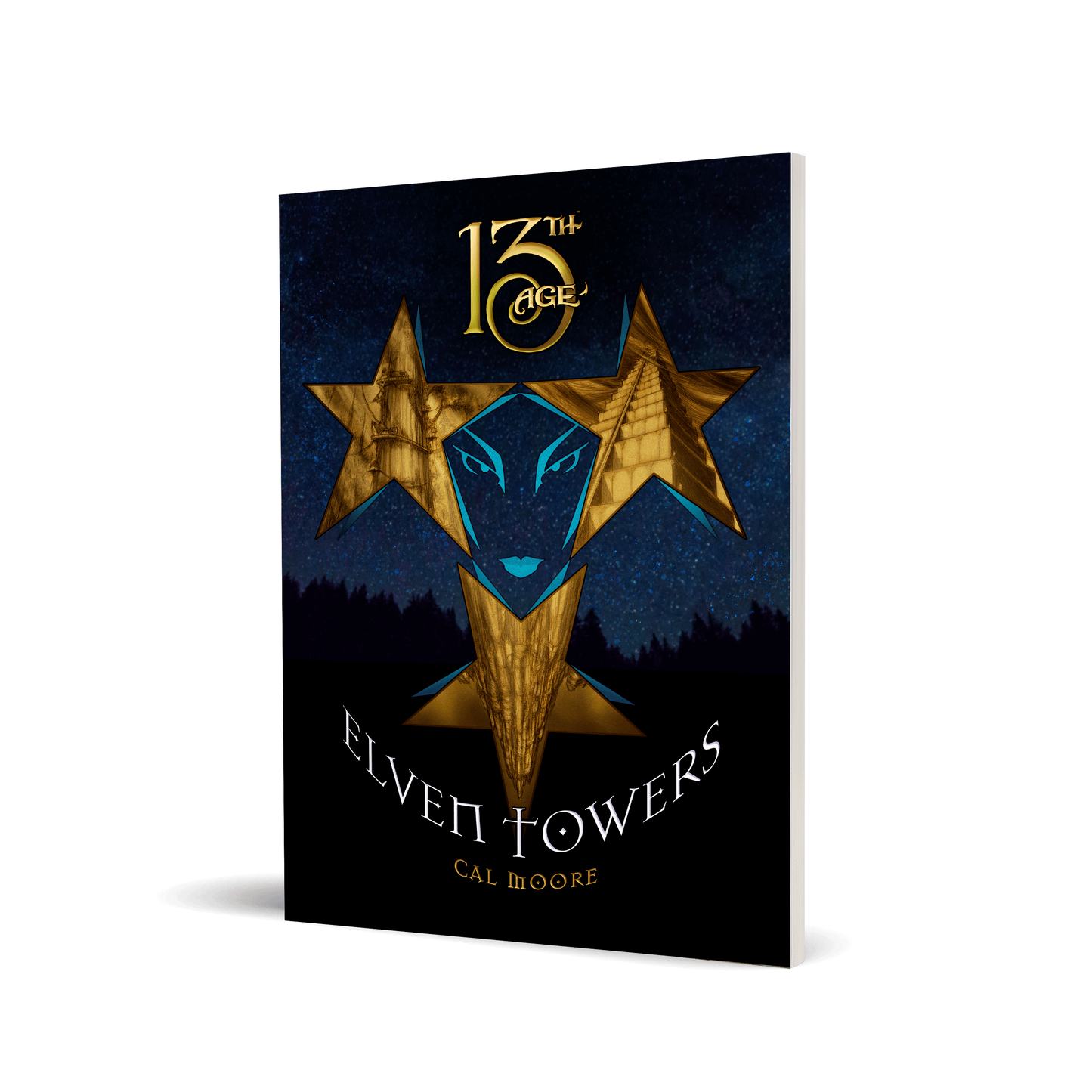 Book titled 13th Age Elven Towers by Cal Moore featuring golden stars and eyes on a starry background