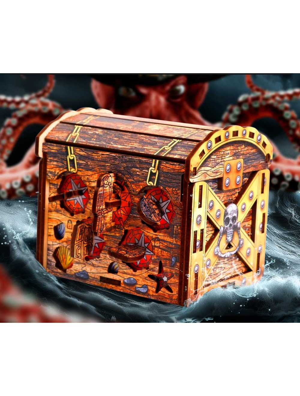 A wooden pirate treasure chest featuring skull, compass, and shell designs, floating in choppy water with a giant octopus in the background.