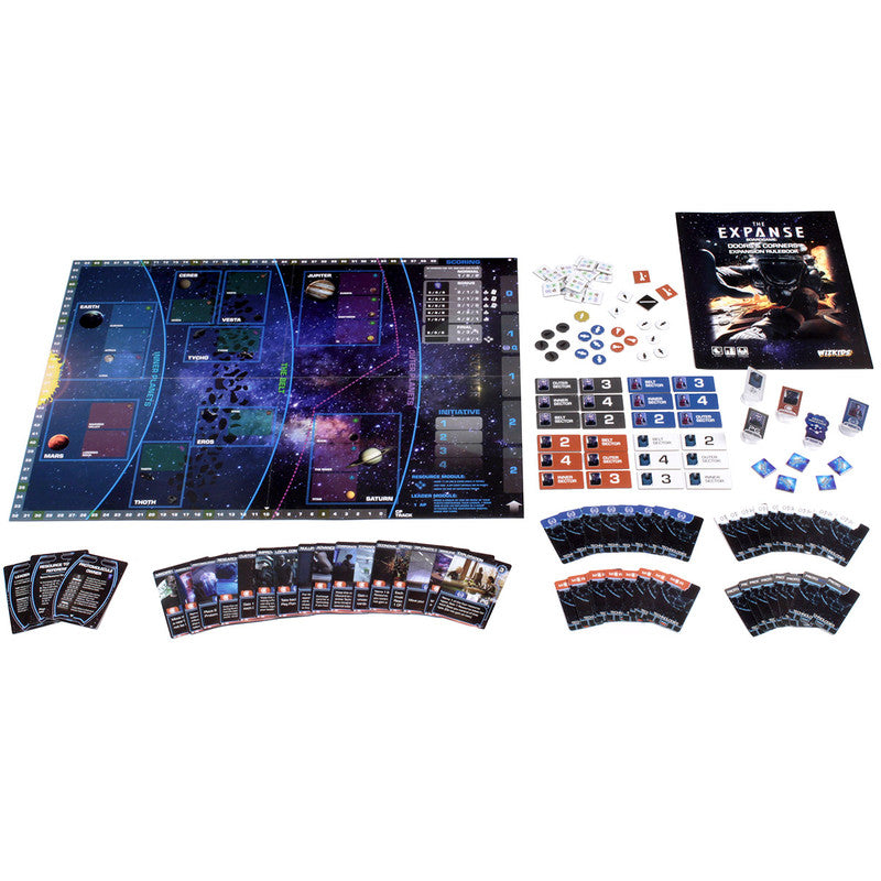 The Expanse board game components laid out: space-themed board, numerous cards, tokens, and rulebook