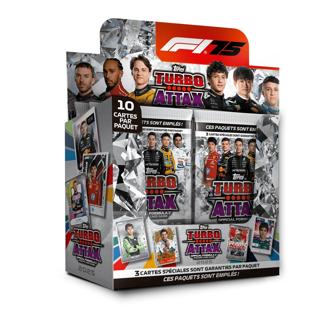 Retail display box for Topps Turbo Attax Formula 1 trading card game, featuring F1 drivers and card packs