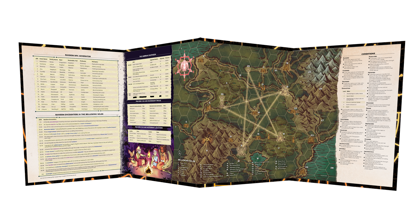 Fools Gold Into The Bellowing Wilds Game Master Screen featuring a hex map NPC generator encounter tables deity pantheon and condition rules