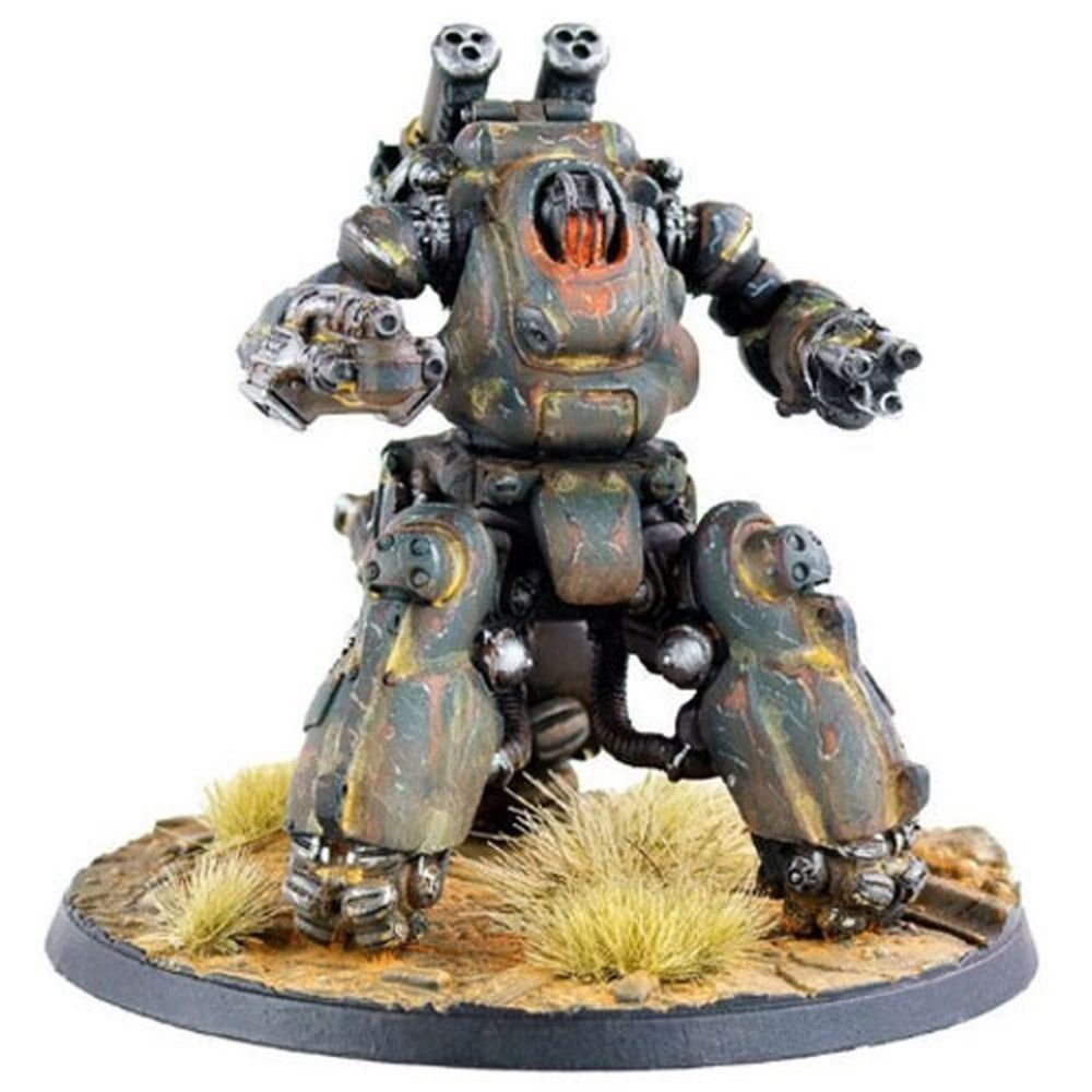 Weathered miniature battle mech, green and orange, with shoulder missiles and arm guns, standing on a detailed base