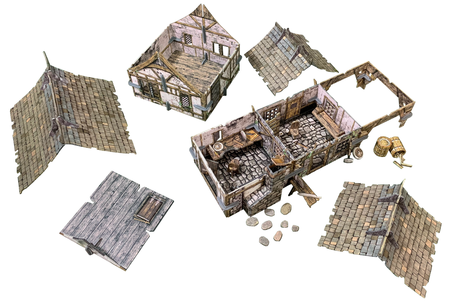 Exploded view of a modular medieval building model, with roofs, walls, and interior sections floating apart.