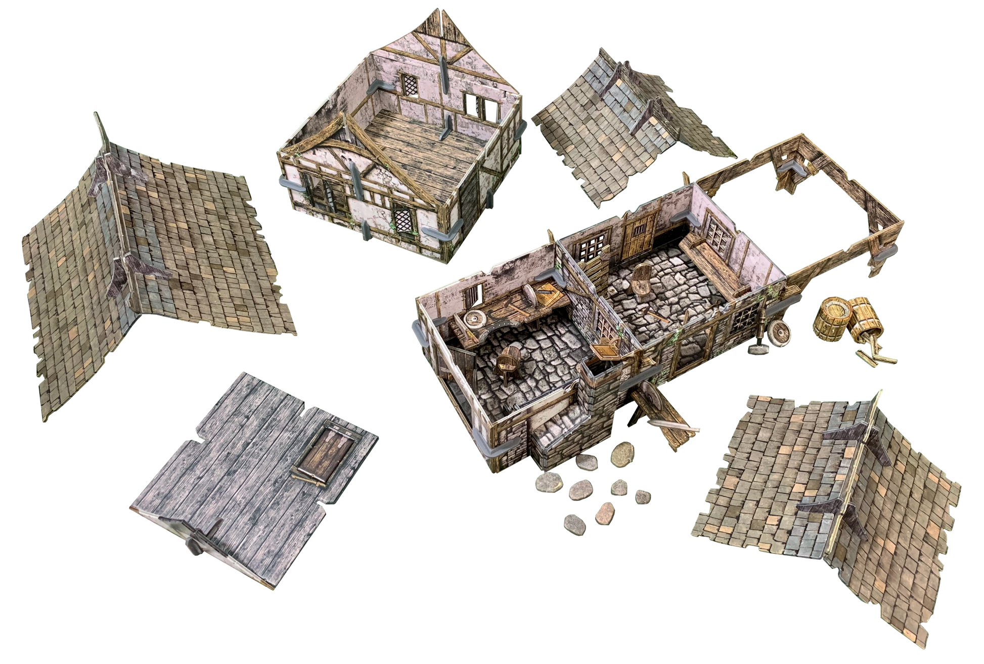 Exploded view of a modular medieval building model, with roofs, walls, and interior sections floating apart.
