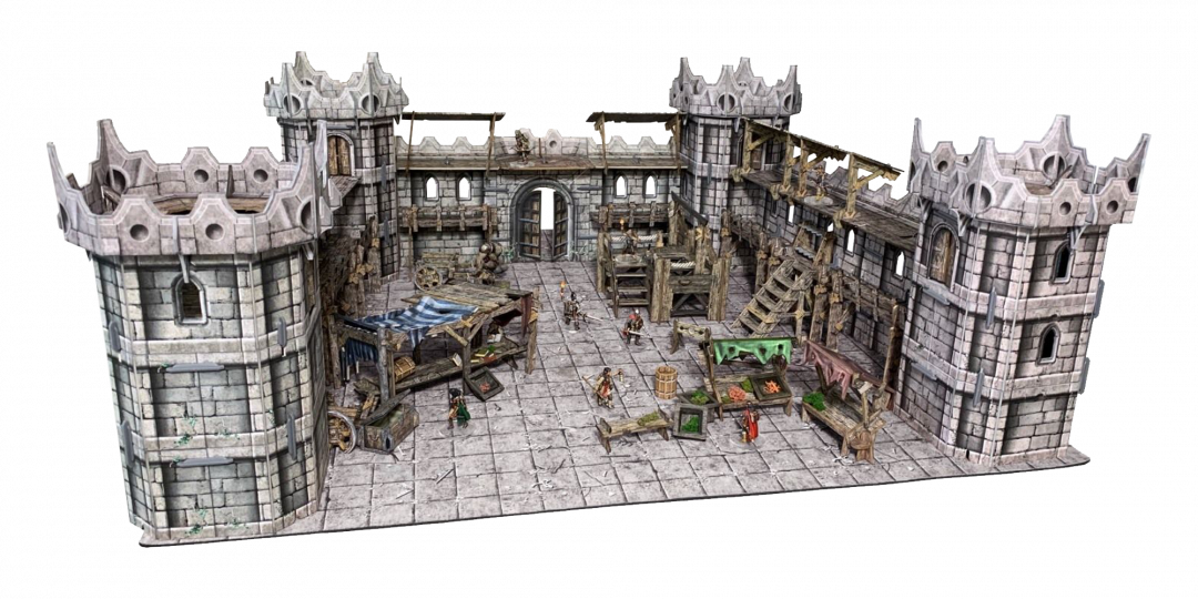 A detailed tabletop fantasy castle courtyard model with stone walls, battlements, market stalls, and miniature figures.
