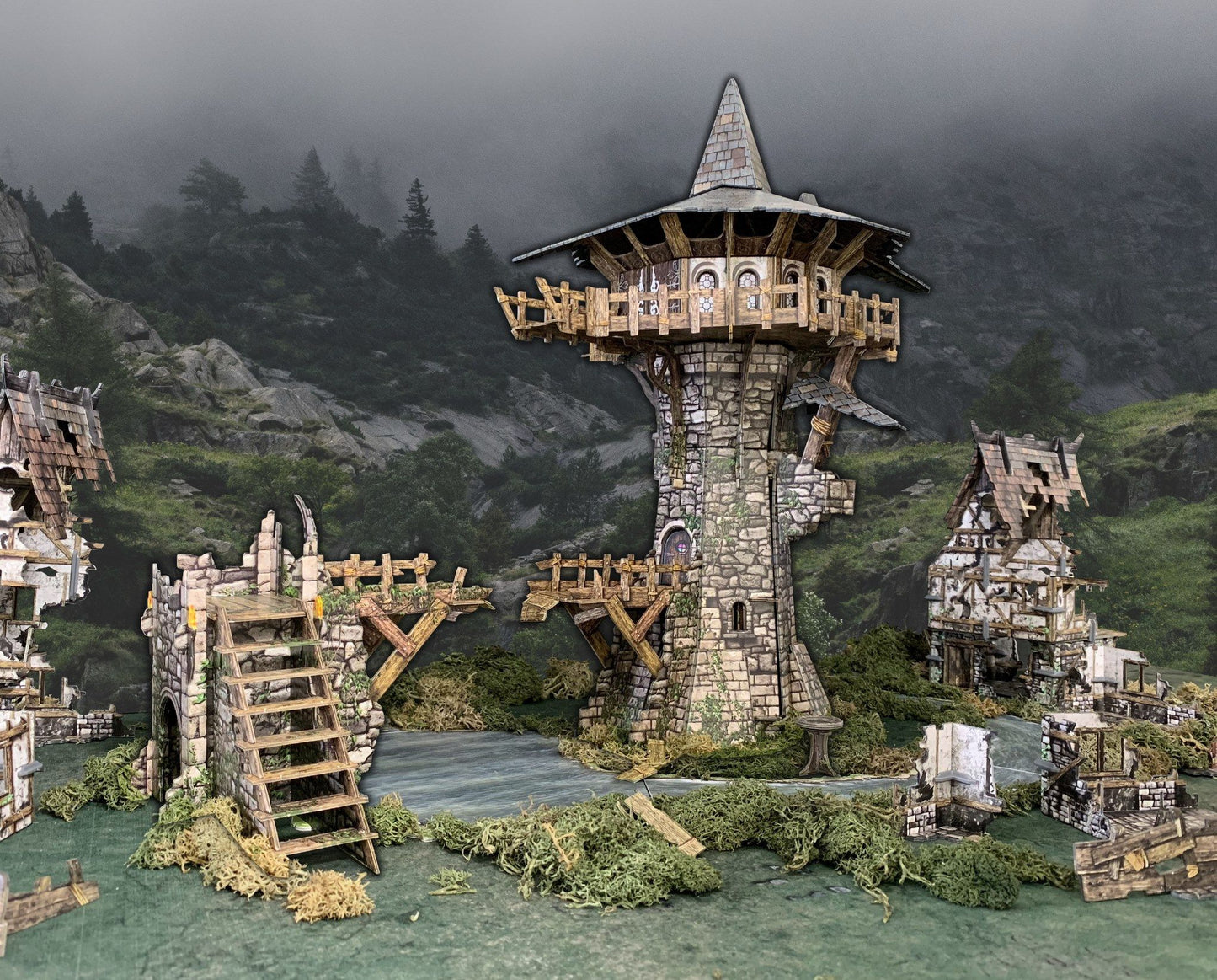Fantasy diorama: A tall stone tower with a wooden balcony, surrounded by ruined buildings, bridges, and a stream, in a misty forest