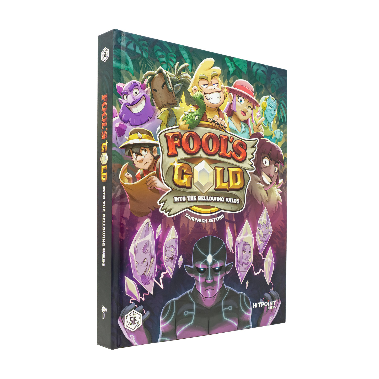 Fool's Gold 5E campaign setting box, showing cartoon adventurers in a jungle, a dark figure, and glowing crystals