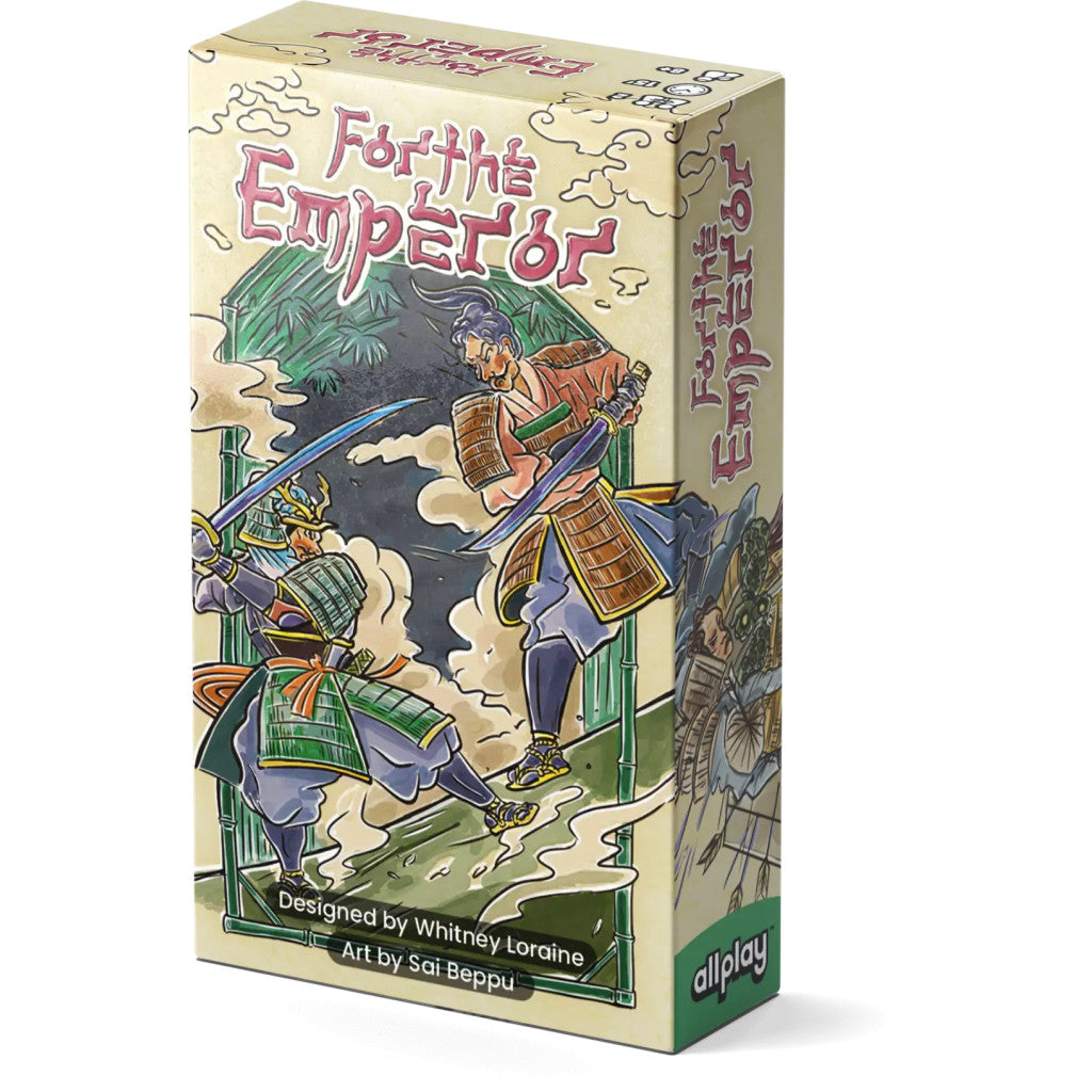 Game box for "For the Emperor," depicting two armored samurai dueling with swords against a bamboo background