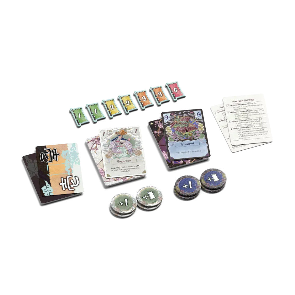 Japanese-themed game components: Empress and Samurai cards, numbered tokens 1-4, and +1 tokens, displayed on white