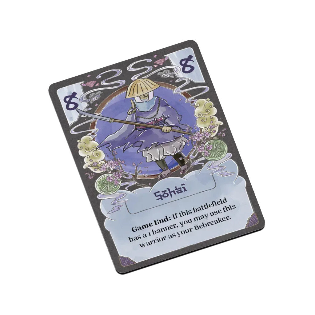 For the Emperor game card: A warrior monk (Sōhei) in purple robes and a straw hat holds a naginata, surrounded by cherry blossoms