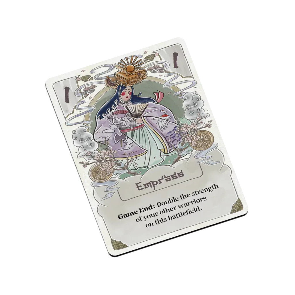 For the Emperor game card: Art of a woman in purple kimono, sun headdress, holding a fan, with cherry blossoms and clouds