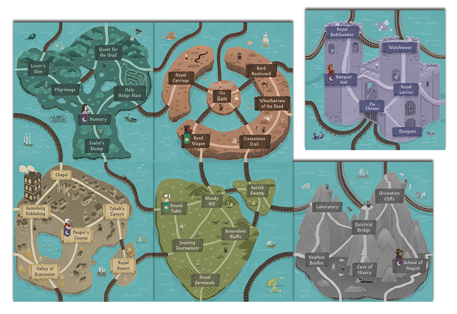 Detailed fantasy board game map showing various themed regions and a grand castle, connected by winding paths and water