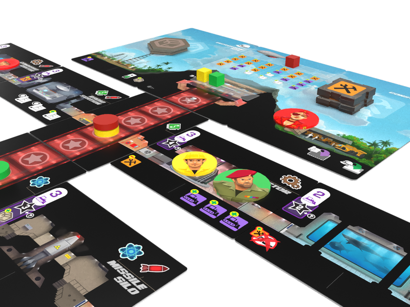 Overhead view of a colorful board game setup with character tokens game pieces and various game tiles