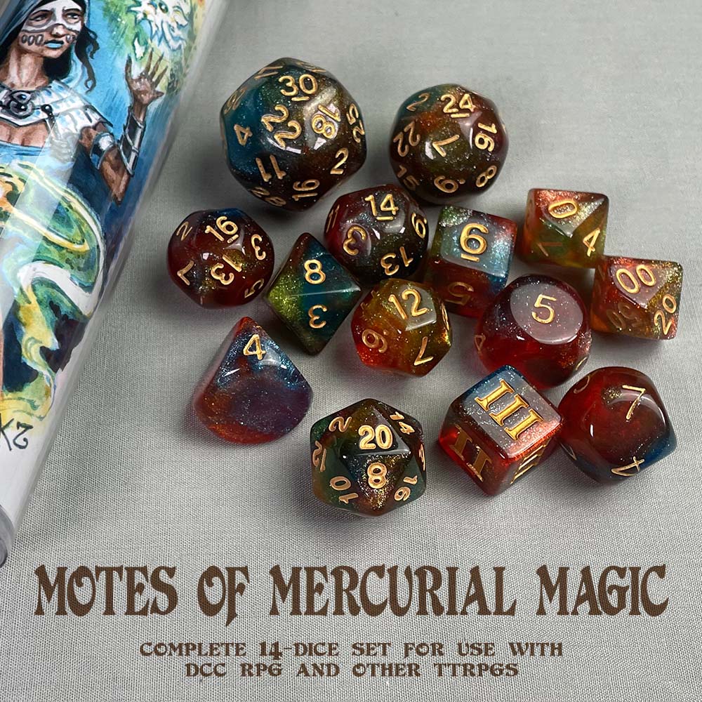 Vibrant glitter 14-dice TTRPG set with gold numbers, beside a fantasy art tube