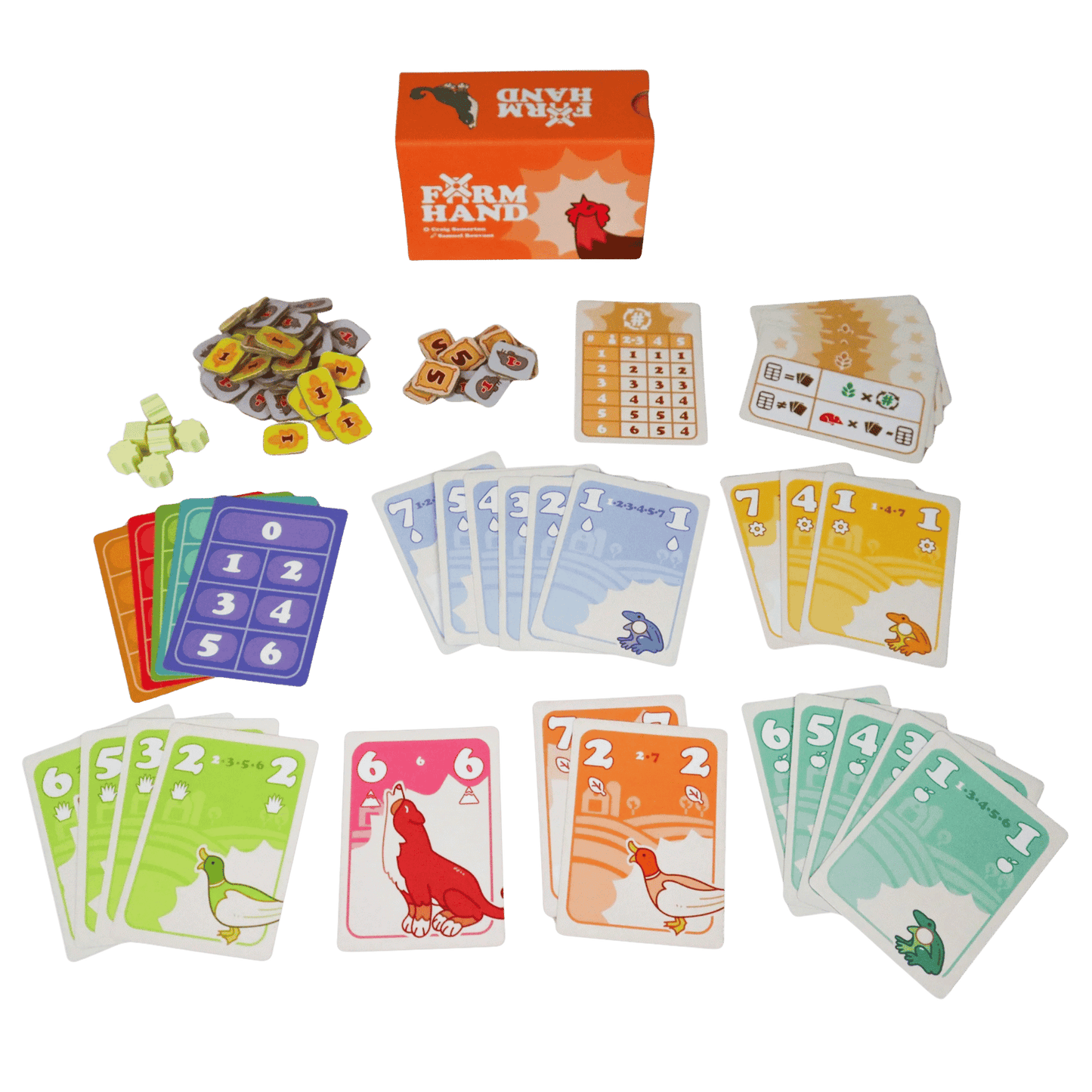Farm Hand card game contents: box, stacks of colorful cards featuring farm animals, number cards, tokens, and scoring sheet
