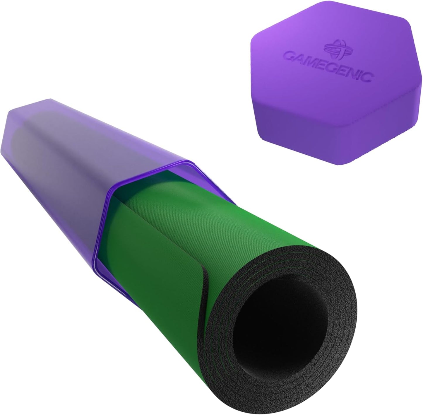 Gamegenic green playmat rolled in a translucent purple tube, with a matching hexagonal lid
