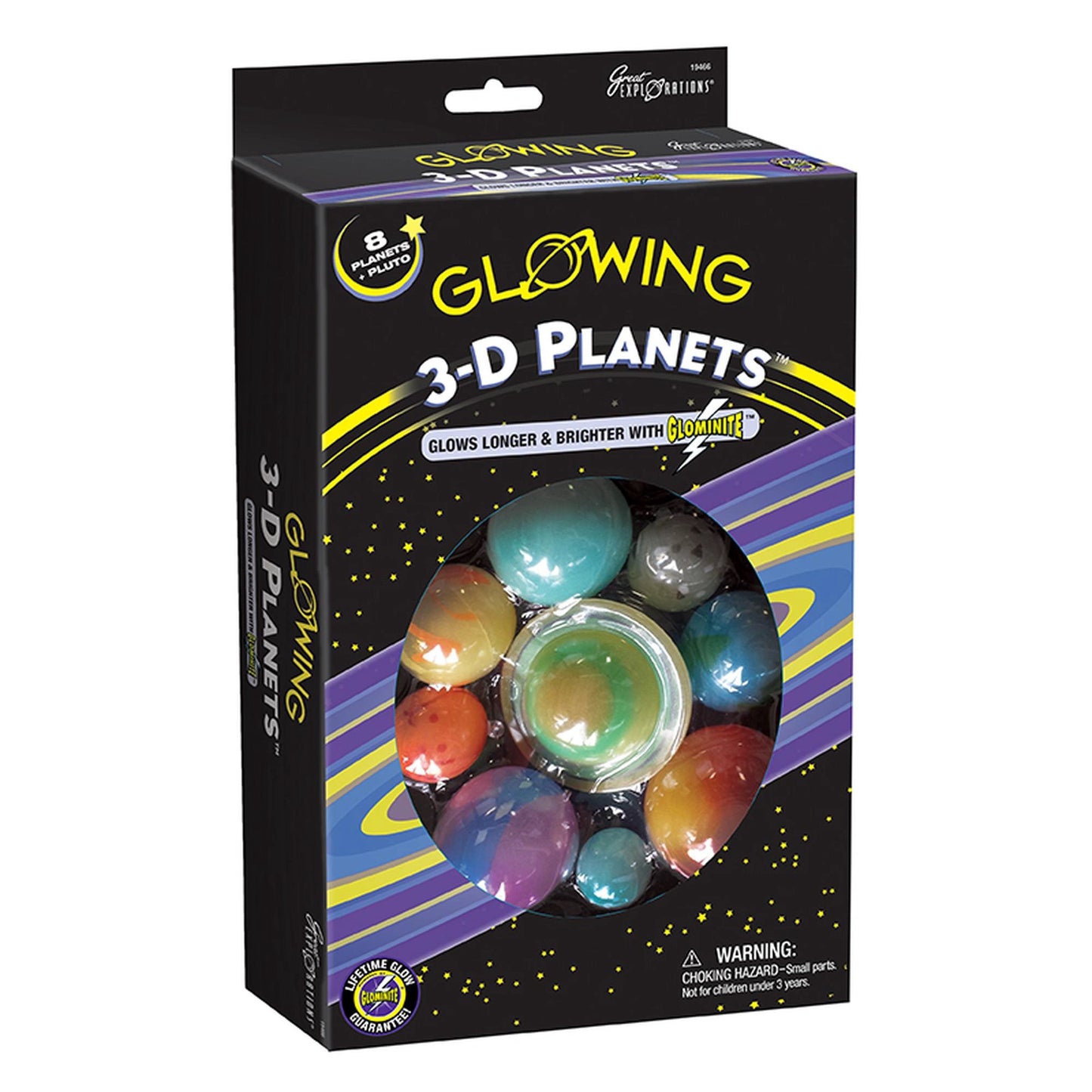 Retail box containing 9 colorful, glow-in-the-dark 3-D planets (8 Planets + Pluto)