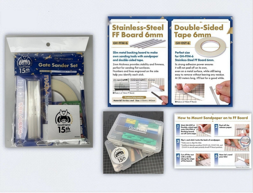 A collage showing GodHand model sanding tools: a packaged sander set, sticks, double-sided tape, and mounting instructions