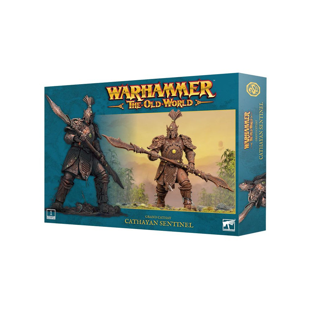 Warhammer: The Old World Grand Cathay Cathayan Sentinel box shows two armored Cathayan Sentinel miniatures with ornate polearms