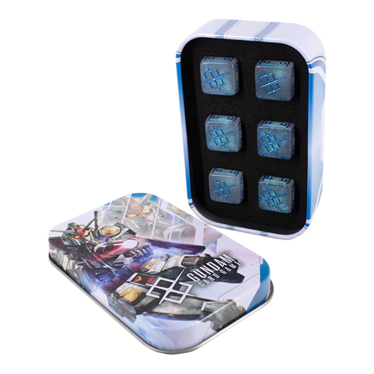 An open blue and white Gundam tin box holding six blue dice with unique symbols. The lid, featuring a Gundam, sits beside it