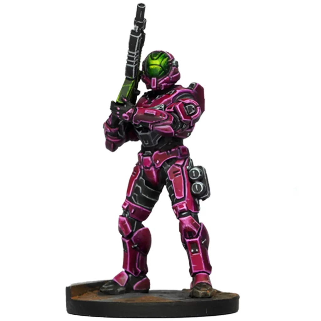 Pink and black Halo Spartan miniature with a green visor, holding a rifle