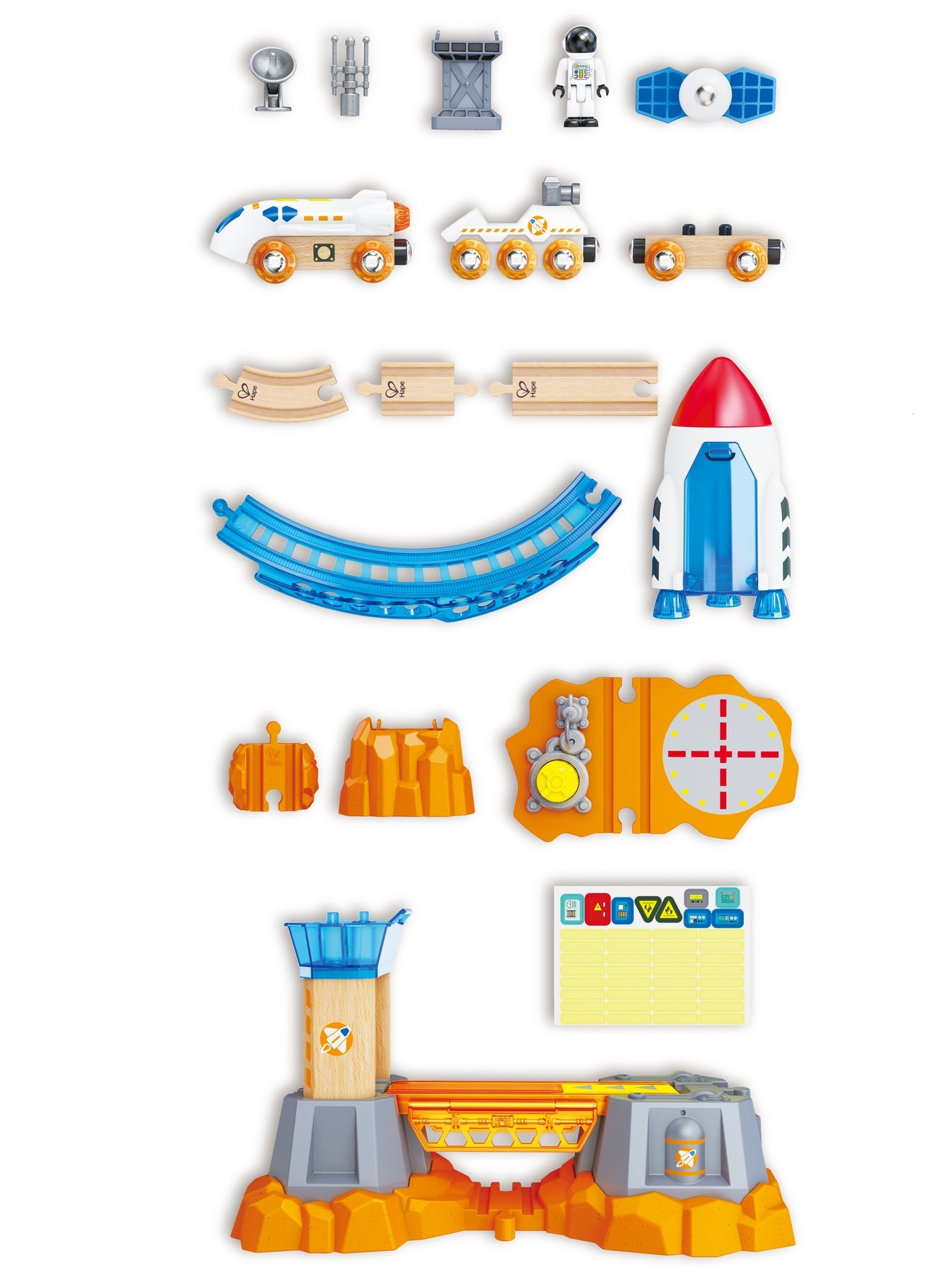 Assortment of wooden and plastic space toy pieces: rocket, train cars, tracks, and a launch base structure