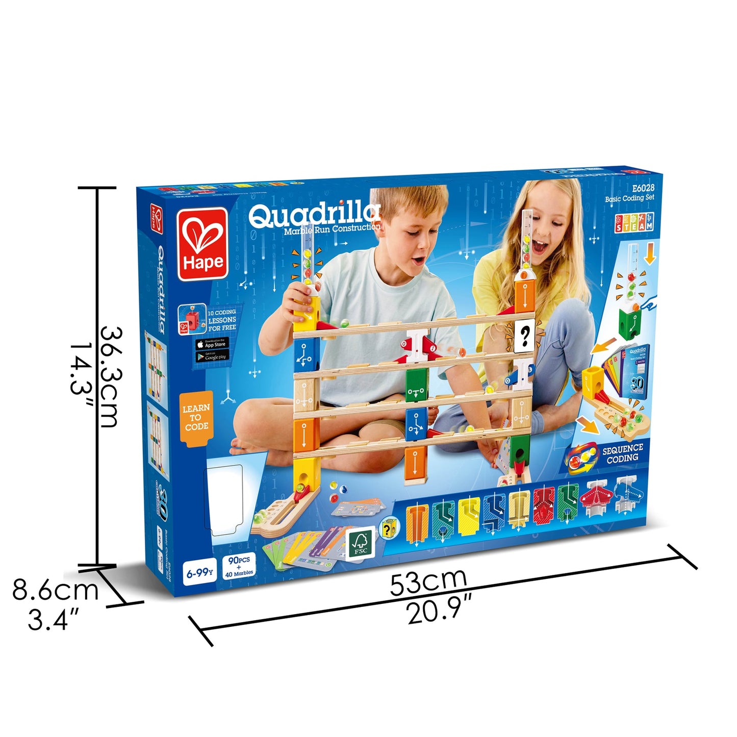 Hape Quadrilla Basic Coding Marble Run box, showing children enthusiastically playing with the wooden track