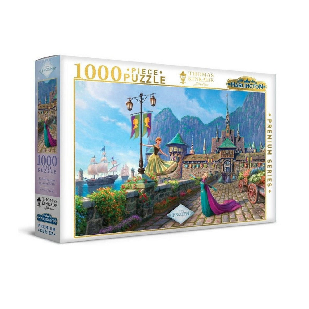 Disney Frozen 1000-piece puzzle box: Anna on a wall, Elsa on a path, in a festive Arendelle harbor