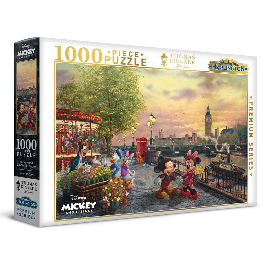 Mickey and Minnie Mouse walk with Disney friends through a whimsical London scene at sunset, featuring Big Ben