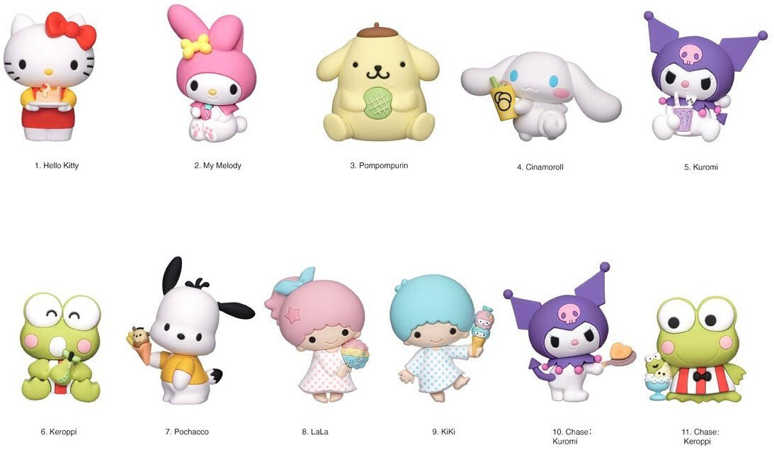 Eleven colorful Sanrio character collectible figurines: Hello Kitty, My Melody, Cinnamoroll, Kuromi, Keroppi, Pochacco, Pompompurin, Lala, & Kiki