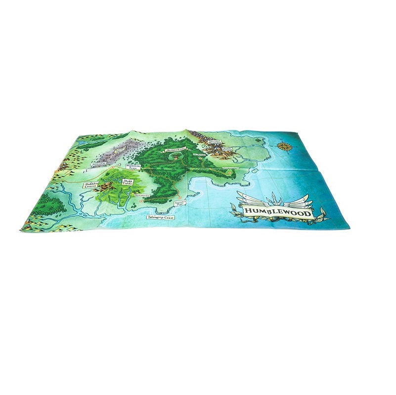 A detailed fantasy map of Humblewood, showing green forests, mountains, and blue water with various named locations.