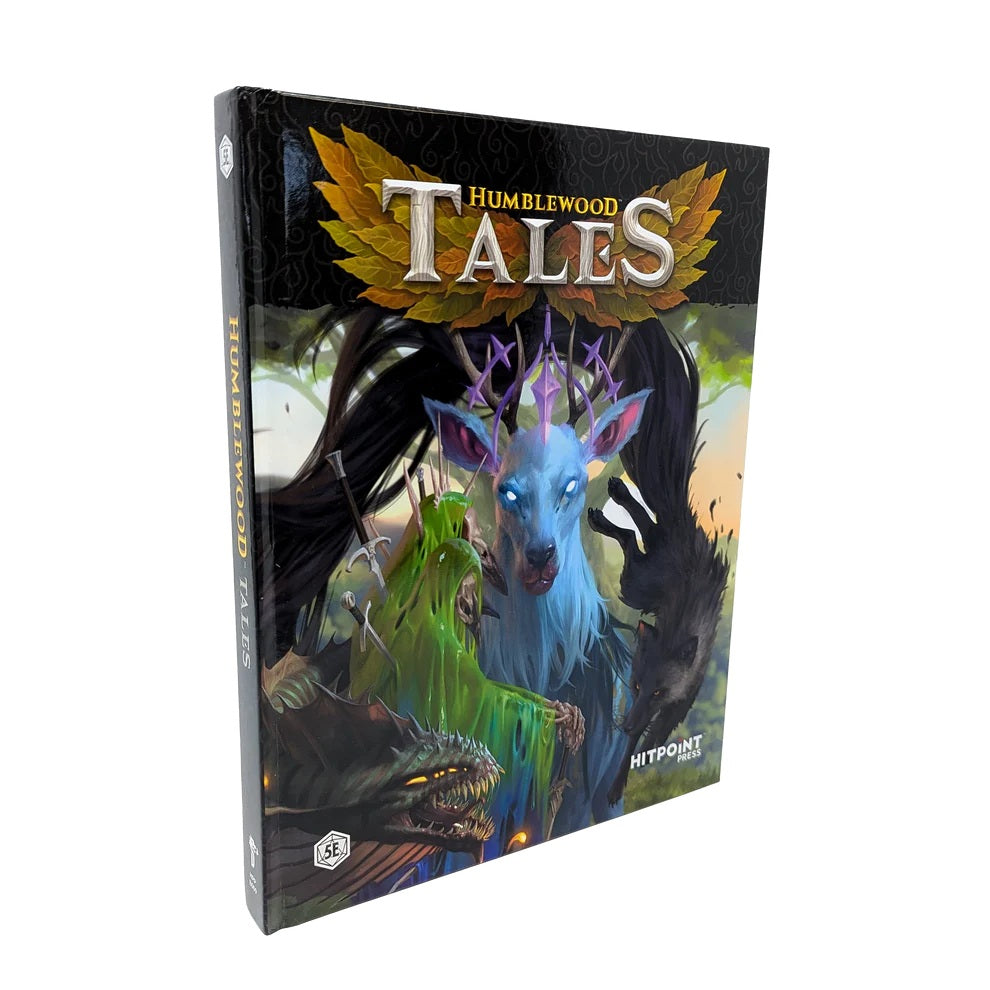 Humblewood Tales book cover features a blue glowing-eyed stag, green wraith, black wolf, and a fierce dragon head.